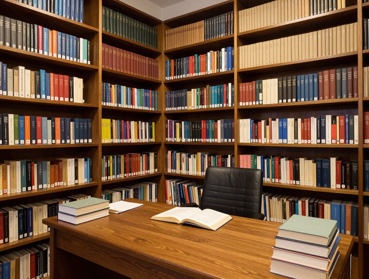 Biblioteca universitaria de investigación con estanterías altas de madera oscura repletas de libros científicos y enciclopedias, mesa de lectura de madera con libros abiertos y luz cálida de lámpara, atmósfera académica y silenciosa