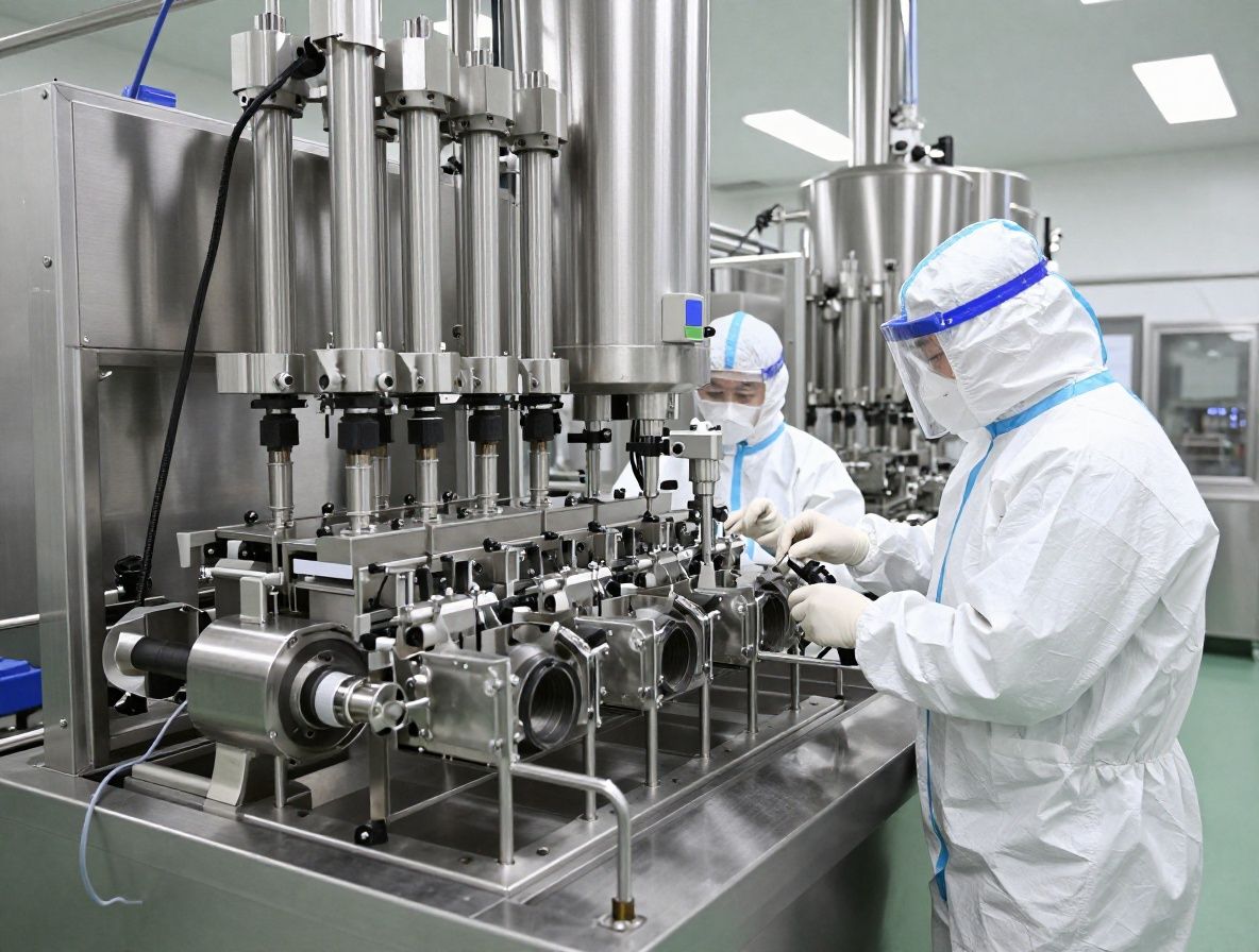 Planta de producción industrial farmacéutica moderna con líneas de procesamiento automatizadas, operadores con equipos de protección blancos y superficies de acero inoxidable impolutas bajo iluminación industrial intensa