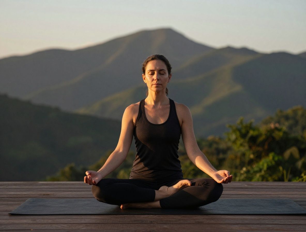 Persona adulta sentada en postura de meditación en terraza exterior al amanecer, rodeada de naturaleza verde y montañas en el horizonte, atmósfera serena con luz dorada del sol naciente