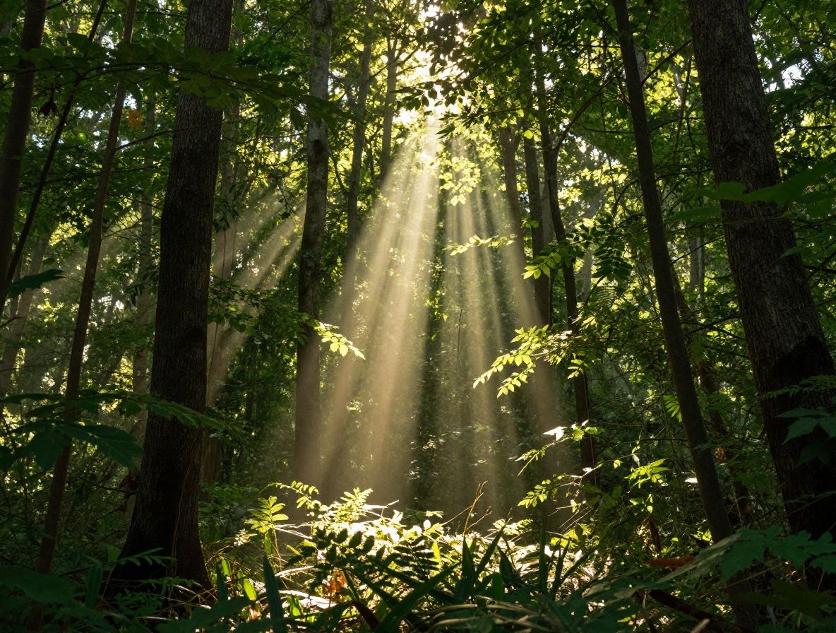 Luz solar cálida atravesando hojas de árbol en el bosque creando rayos de luz dorados entre follaje verde, fotografía de estilo cinematográfico con bokeh natural suave en el fondo